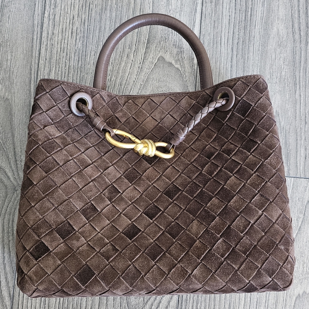 Tiffany & Fred Brown Woven Suede Tote with Gold Hardware